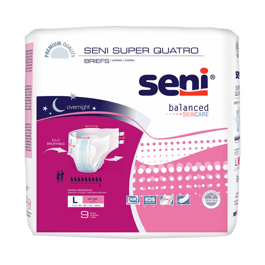 Pack of Seni Super Quatro briefs with packaging design on a white background