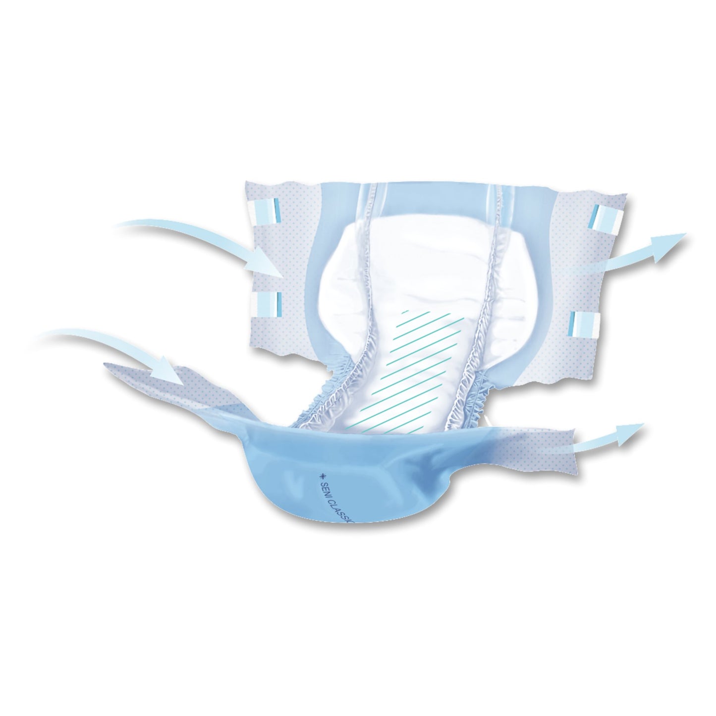 Blue and white incontinence pad on a white background