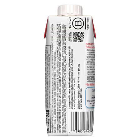 The back of a 16 oz carton of Boost beverages, showing the ingredients panel, barcode, QR code, and a blue '5% Milk-Based' label, on a white background.