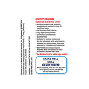 A white rectangular product information panel with red and blue text. The panel reads 'BOOST ORIGINAL Balanced Nutritional Drink' and lists product features, manufacturer details for Nestle Healthcare Nutrition, and usage instructions including 'SHAKE WELL CHILL DO NOT FREEZE.