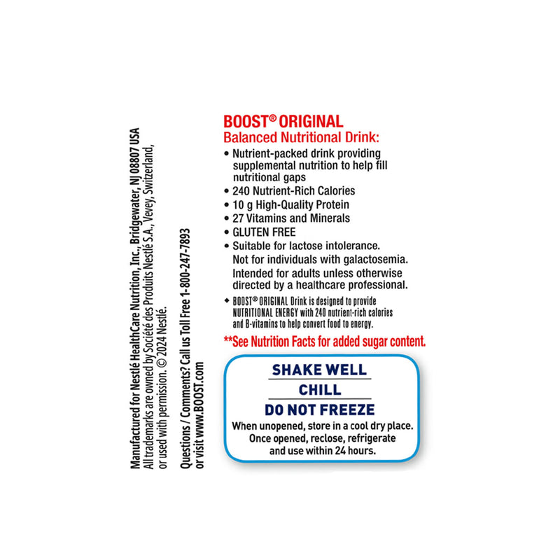 A white rectangular product information panel with red and blue text. The panel reads 'BOOST ORIGINAL Balanced Nutritional Drink' and lists product features, manufacturer details for Nestle Healthcare Nutrition, and usage instructions including 'SHAKE WELL CHILL DO NOT FREEZE.