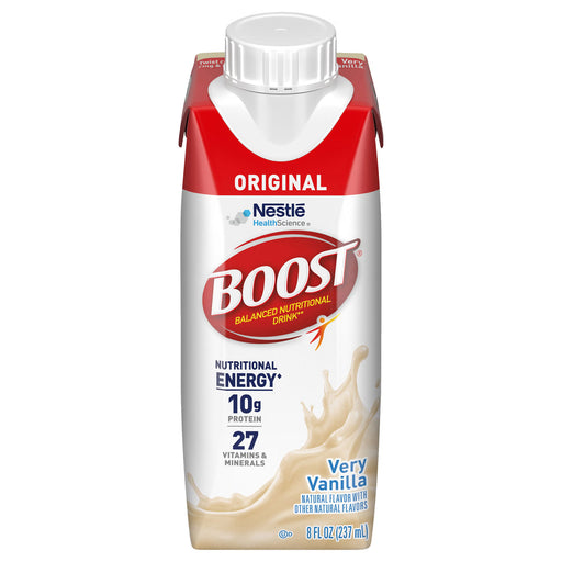 A 237 mL carton of Nestlé Boost Original Balanced Nutritional Drink in Very Vanilla flavor, featuring a white and red design with a milk splash graphic on a white background.