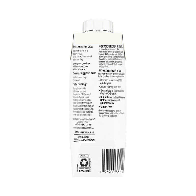The back of a white plastic bottle of NovaSource FEN dietary supplement, showing detailed instructions, serving suggestions, side ingredients, and a barcode on a plain white background.