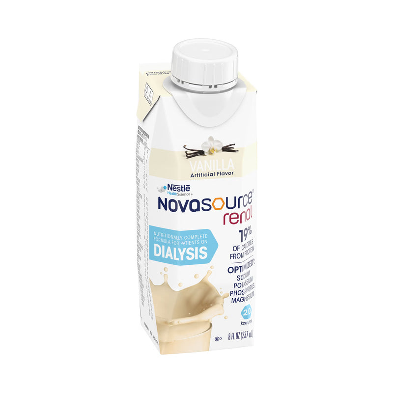 A carton of Novasource Renal Dialysis artificial flavor drink by Nestle, featuring a white cap and a label with blue and orange text on a white background.