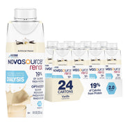 A carton of Novasource Renal Vanilla flavor dialysis drink shown in front of a 24-count multipack carton on a plain white background.