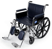 Wheelchair with black seat and blue accents on a white background