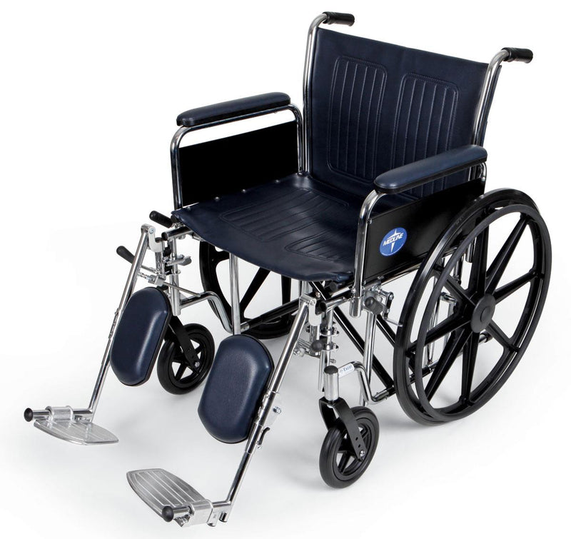 Wheelchair with black seat and blue accents on a white background