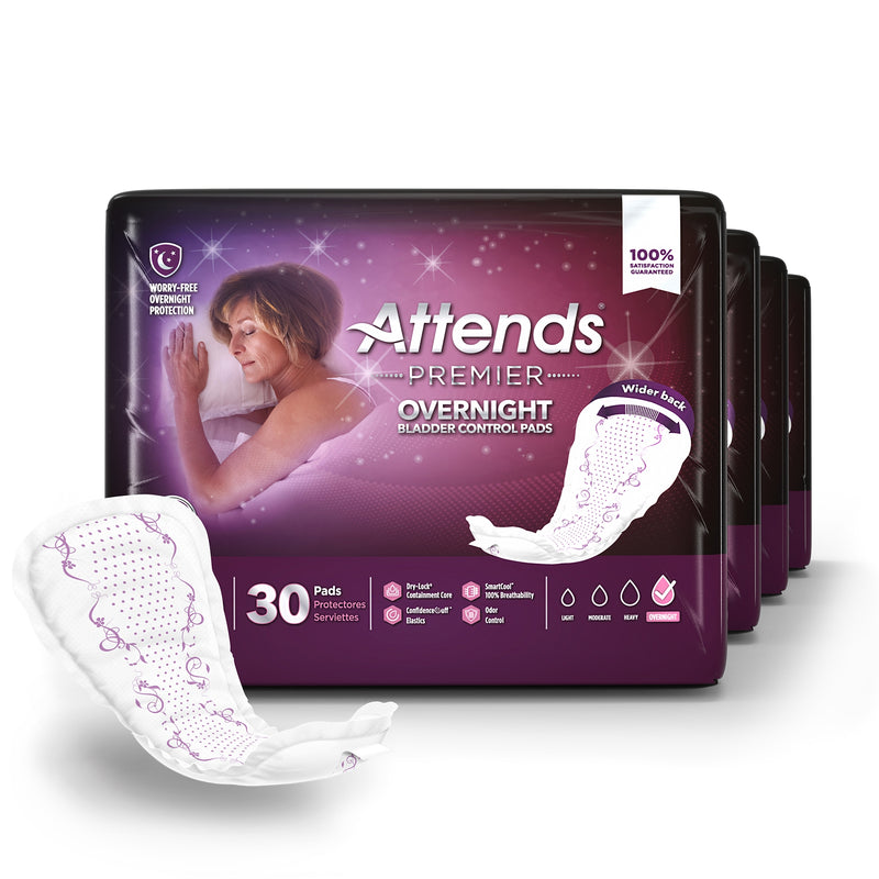 Attends Premier overnight bladder control pads packaging with a sample pad displayed.