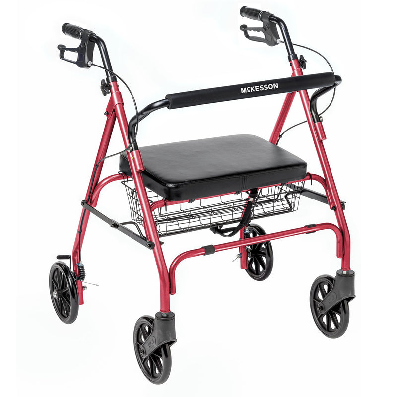 Red walker with a black seat and basket, branded 'Mckesson', on a white background