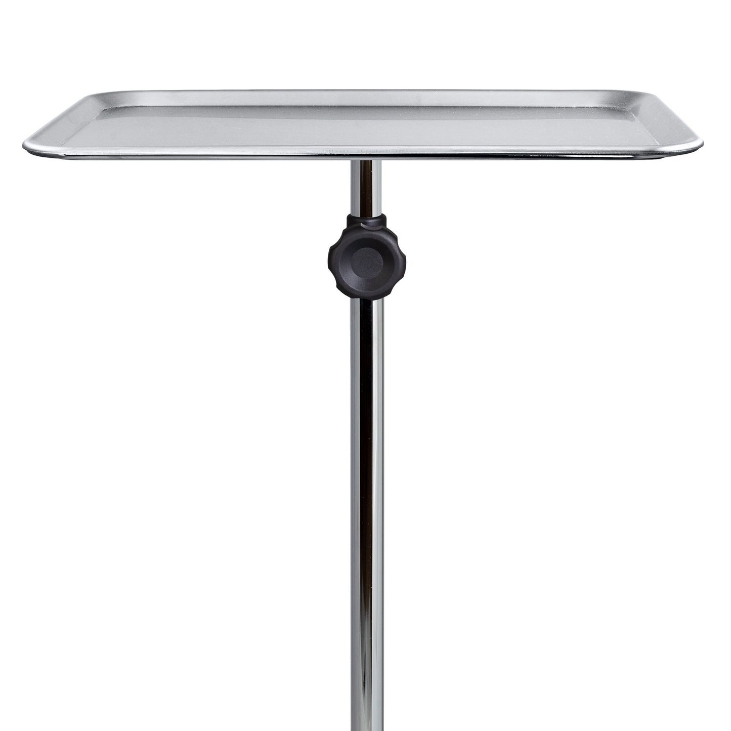 Stainless steel tray on a stand with a white background