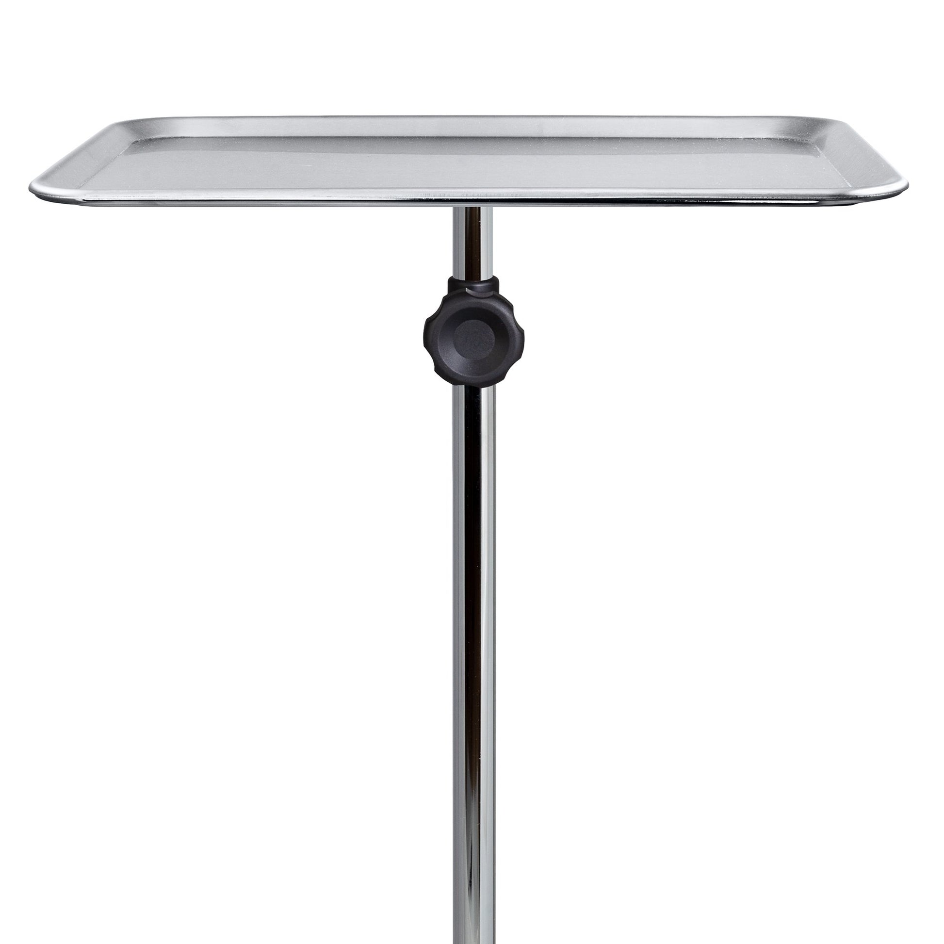 Stainless steel tray on a stand with a white background