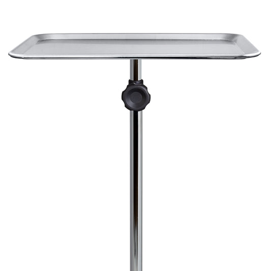 Stainless steel tray on a stand with a white background