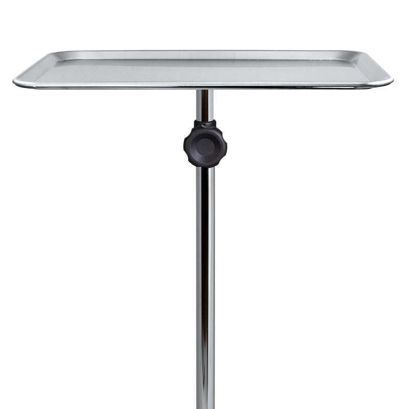 Stainless steel tray on a stand with a white background