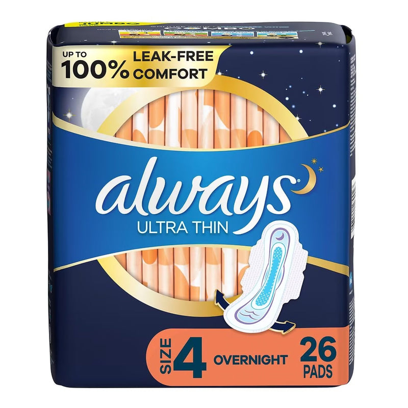 Always ultra thin pads packaging with blue and orange design on a white background