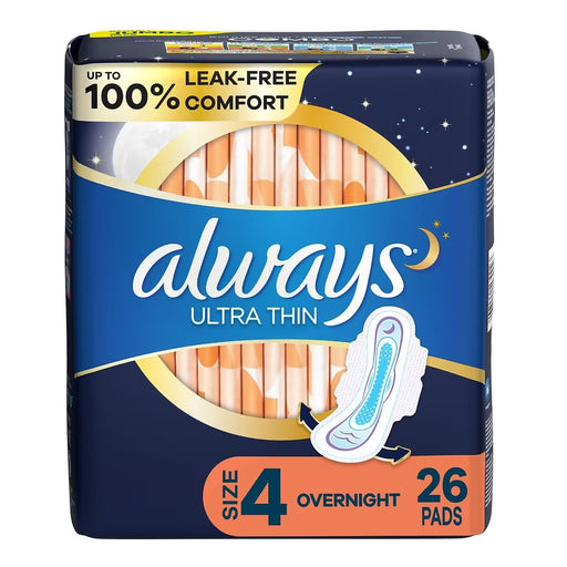 Always ultra thin pads packaging with blue and orange design on a white background