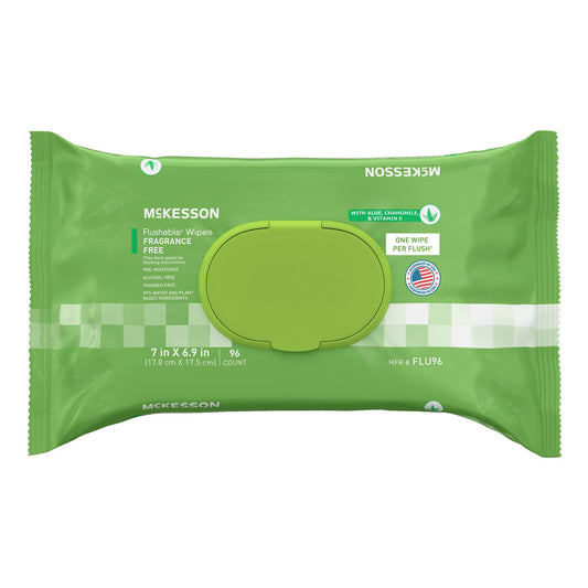 McKesson Flushable Personal Wipes, Unscented, 7 x 6.9 Inch, 96 Count