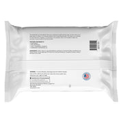 Back view of a package of wipes with text and a barcode on a white background