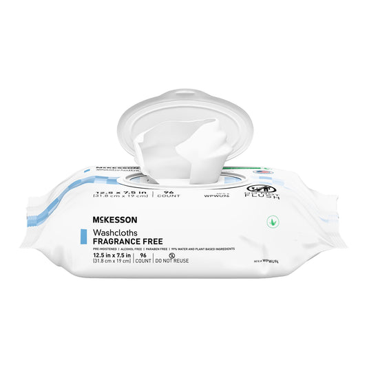 Pack of McKesson fragrance-free washcloths on a white background