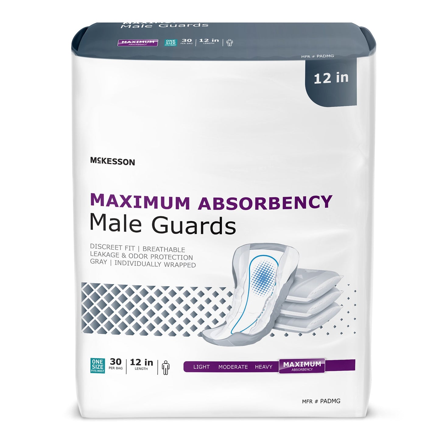 Package of McKesson maximum absorbency male guards on a white background