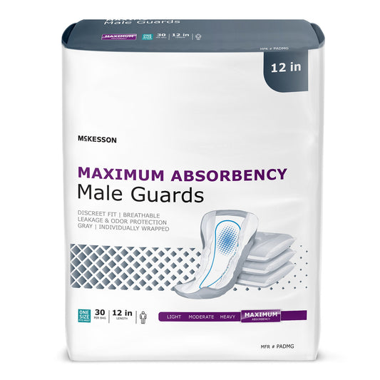 Package of McKesson maximum absorbency male guards on a white background