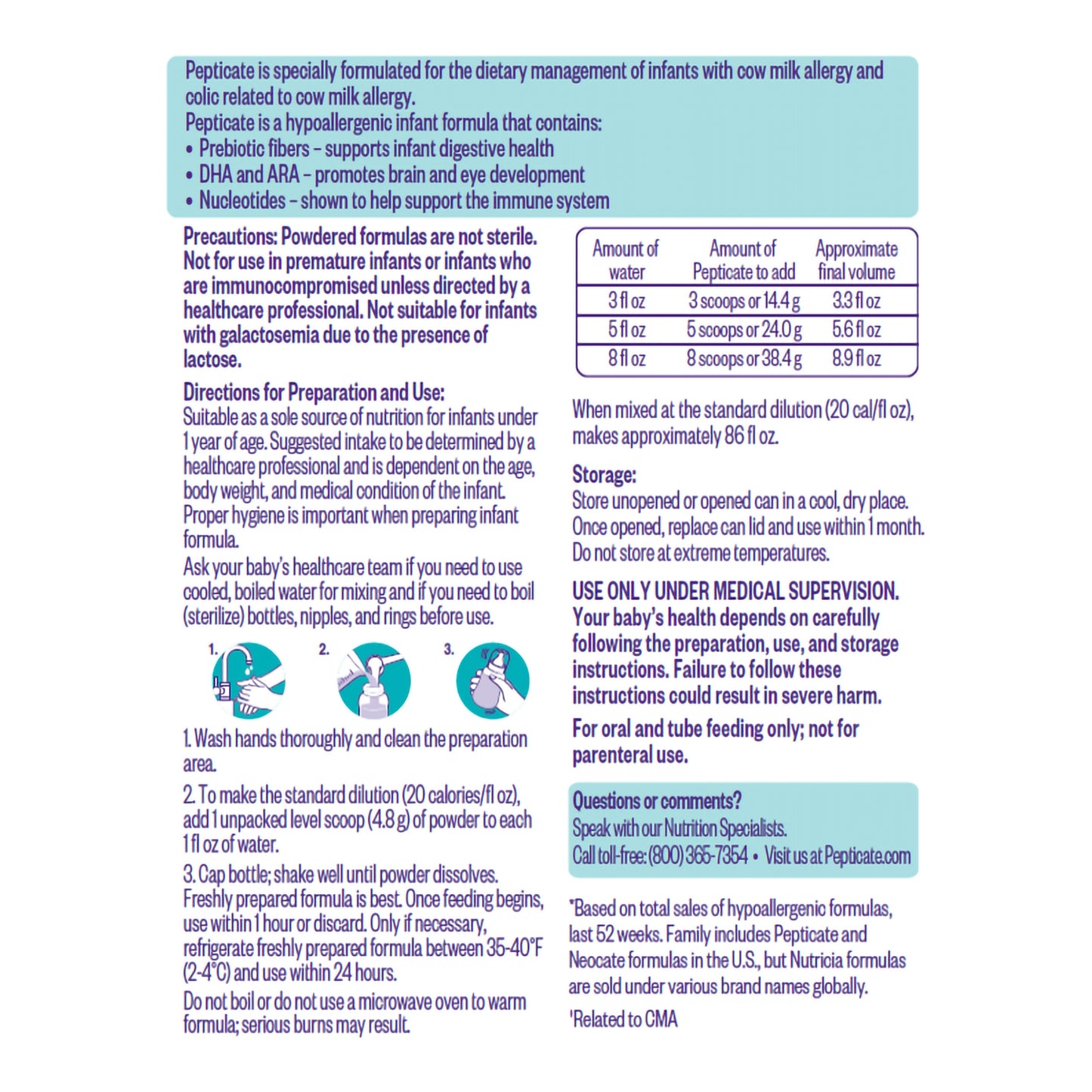 Nutritional label for a pediatric formula on a white background