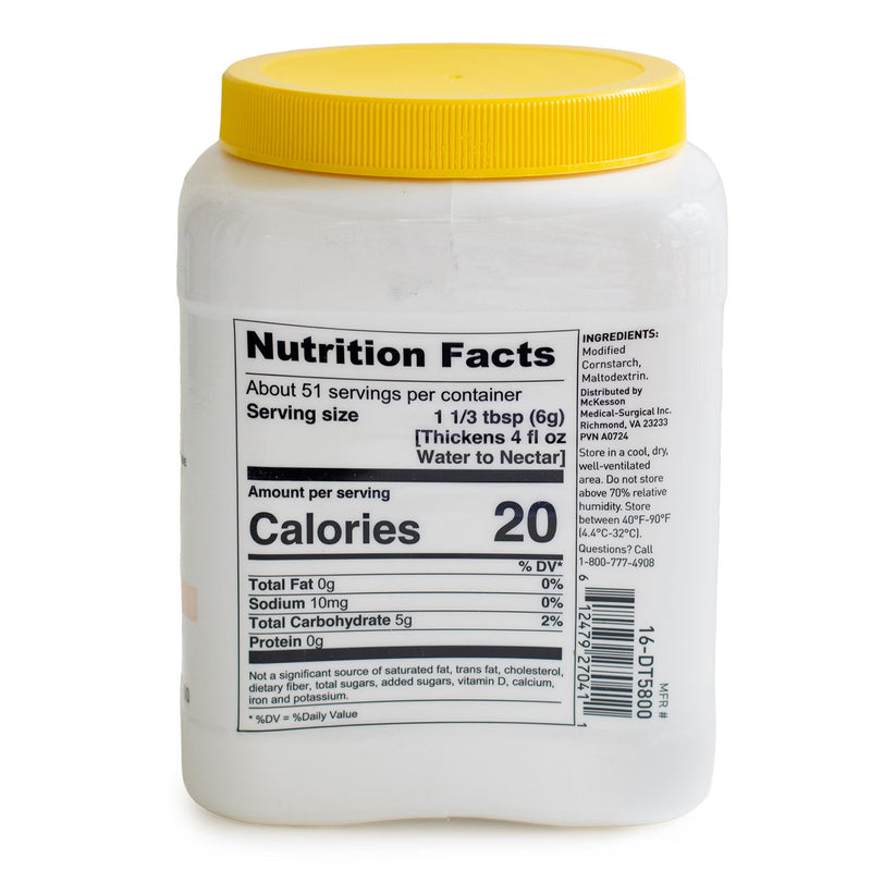 A white plastic tub of Medibiotics Multidexin thickened milk powder with a bright yellow lid, showing the Nutrition Facts label on a white background.