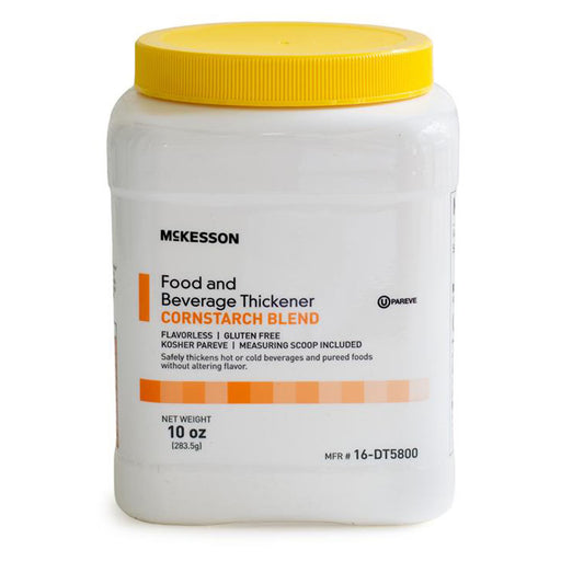 A white plastic tub of Mckesson Food and Beverage Thickener Cornstarch Blend with a bright yellow lid, shown on a clean white background.