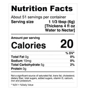 A Nutrition Facts label for a product with serving size 1 1/3 tbsp (6g) and 20 calories per serving. The label lists 0g total fat, 10mg sodium, 5g total carbohydrate, and 0g protein.