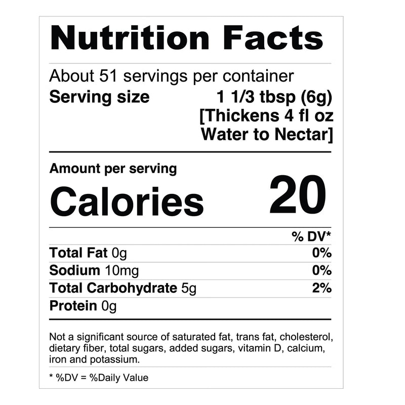 A Nutrition Facts label for a product with serving size 1 1/3 tbsp (6g) and 20 calories per serving. The label lists 0g total fat, 10mg sodium, 5g total carbohydrate, and 0g protein.