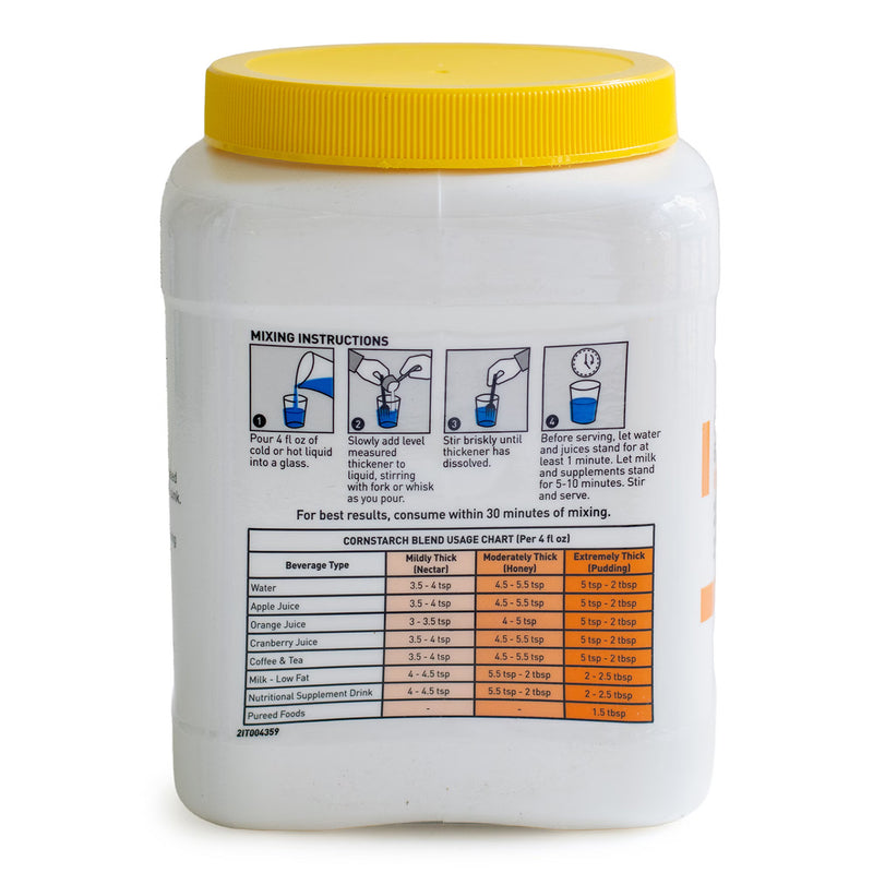 A white plastic tub of JBLM beverage flake powder with a bright yellow lid, showing the back panel with mixing instructions and a blending guide chart.