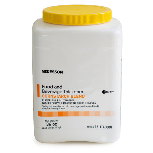 A white plastic container of McKesson Food and Beverage Thickener Cornstarch Blend with a bright yellow screw-top lid, shown on a plain white background.