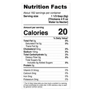 A Nutrition Facts label for a water to nectar drink, showing 20 calories per serving with 0 grams of fat, cholesterol, and sugar, on a white background.