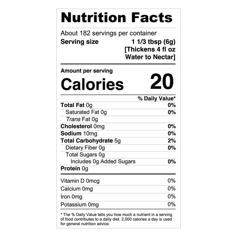 A Nutrition Facts label for a water to nectar drink, showing 20 calories per serving with 0 grams of fat, cholesterol, and sugar, on a white background.