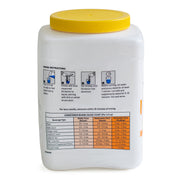 A white plastic tub of Nutri-Grain Cornstarch Blend with a bright yellow lid, showing the mixing instructions and serving guide on the back of the package against a white background.