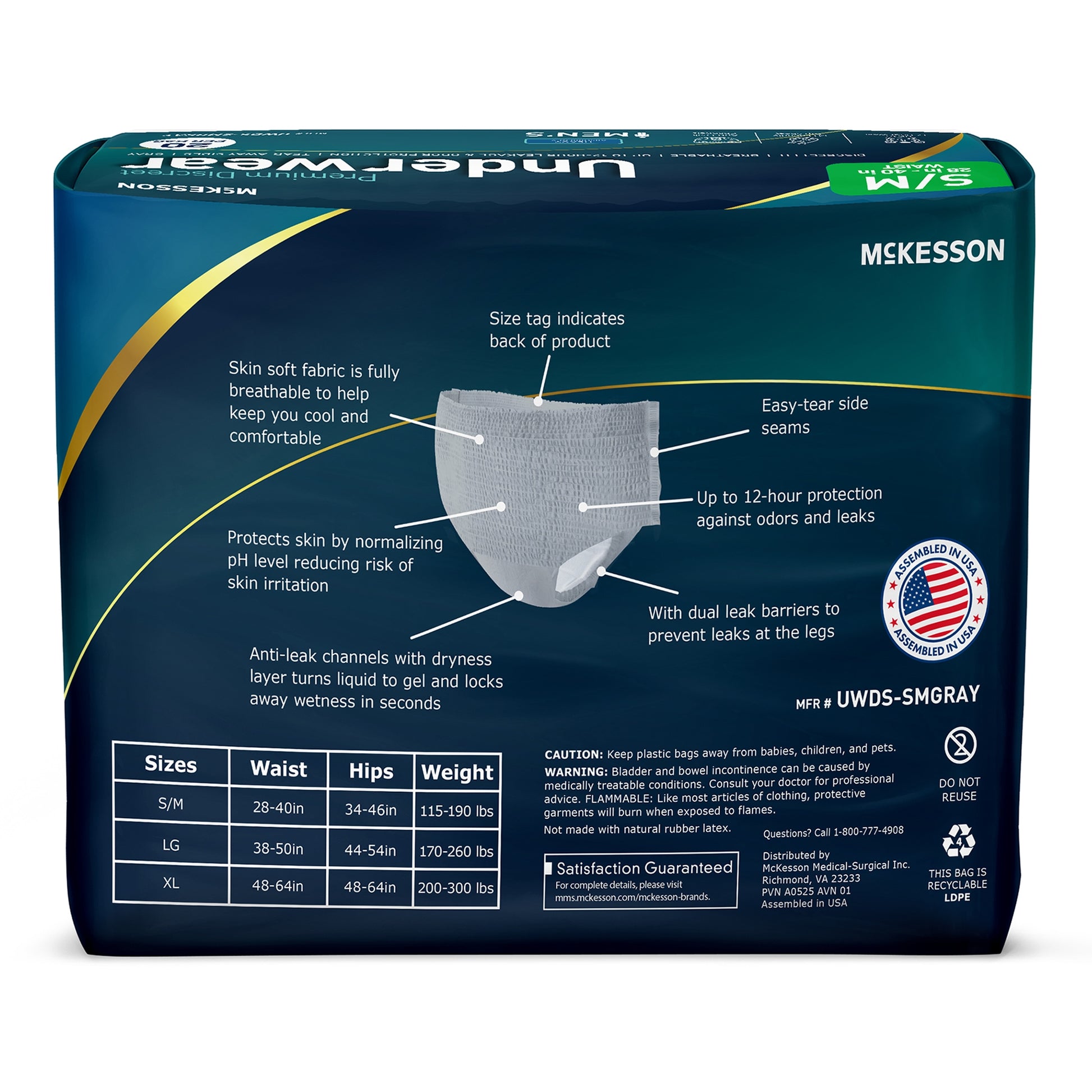 McKesson undergarment packaging with features and specifications on a white background