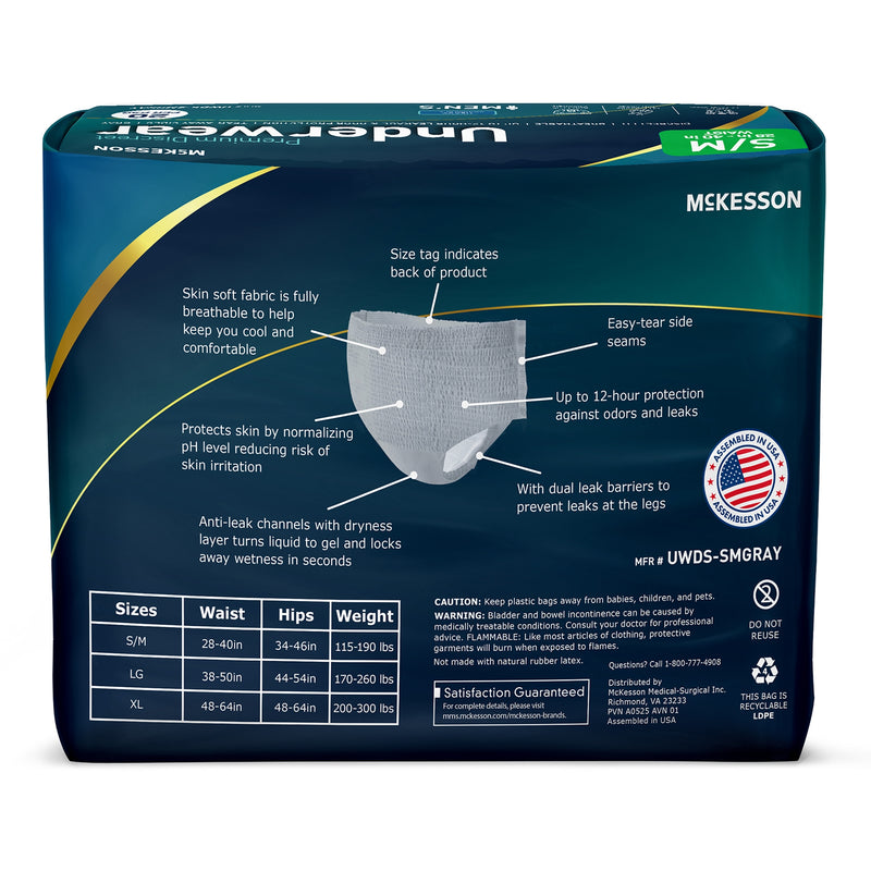 McKesson undergarment packaging with features and specifications on a white background