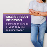 Person wearing a light gray shirt and blue jeans with promotional text about discreet body fit design.