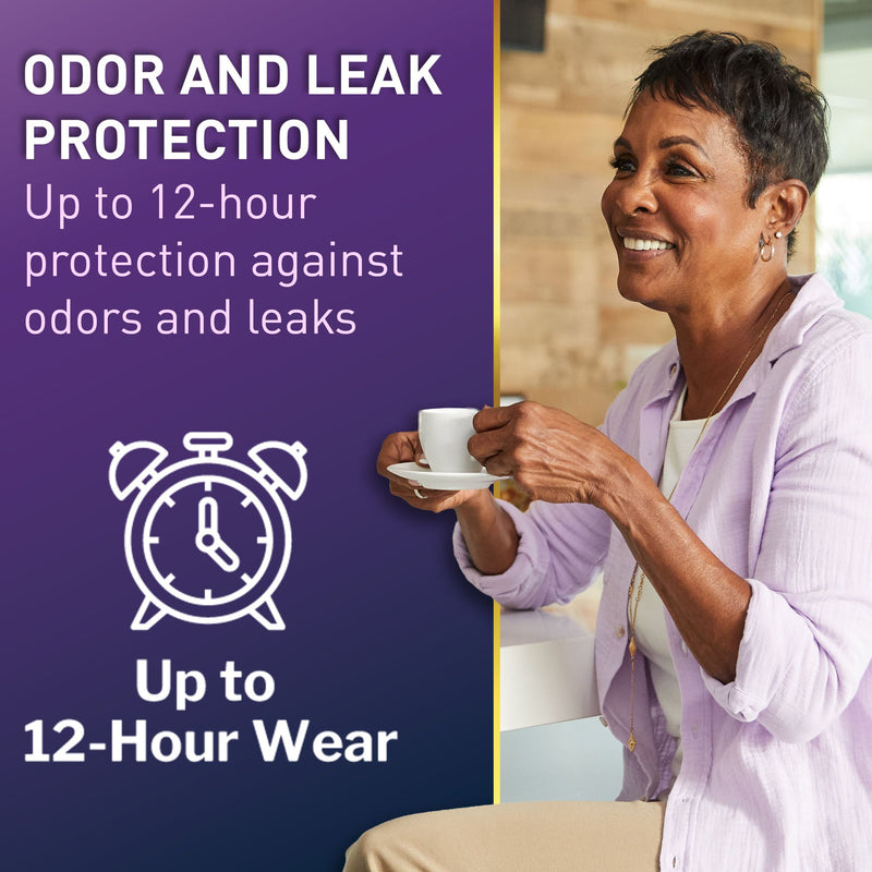 Woman holding a cup with text about odor and leak protection on a purple background