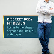 Person wearing a white shirt and blue jeans with text about 'Discreet Body Fit Design' on a gray background.