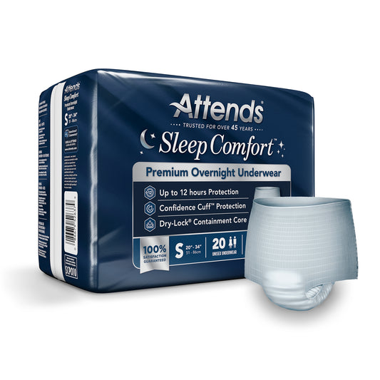 Attends Sleep Comfort premium overnight underwear packaging with a sample product on a white background