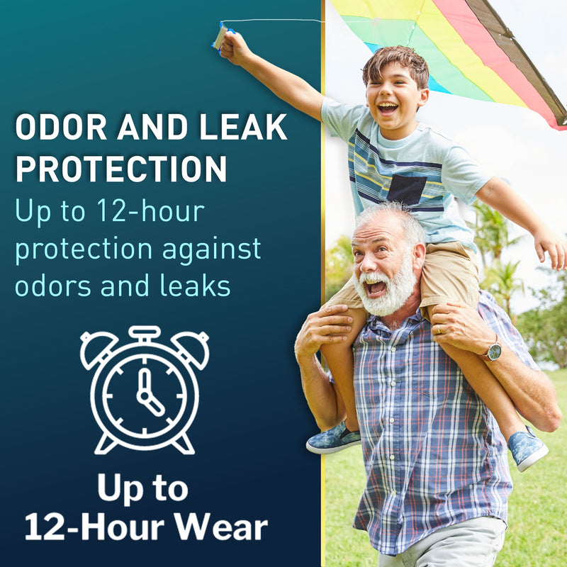 Advertisement for odor and leak protection with a man carrying a child outdoors.