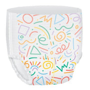 White diaper with colorful geometric pattern on a white background
