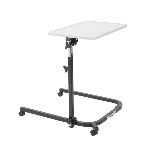 Adjustable height table with white surface and black metal frame on a white background