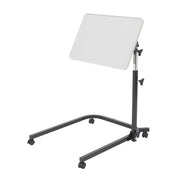Adjustable standing desk with white surface on a white background