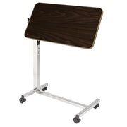 Adjustable height table with a dark wooden top on a white background