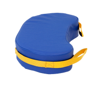 Blue cushion with a yellow strap on a white background