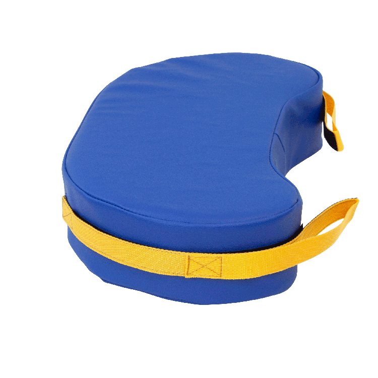 Blue cushion with a yellow strap on a white background