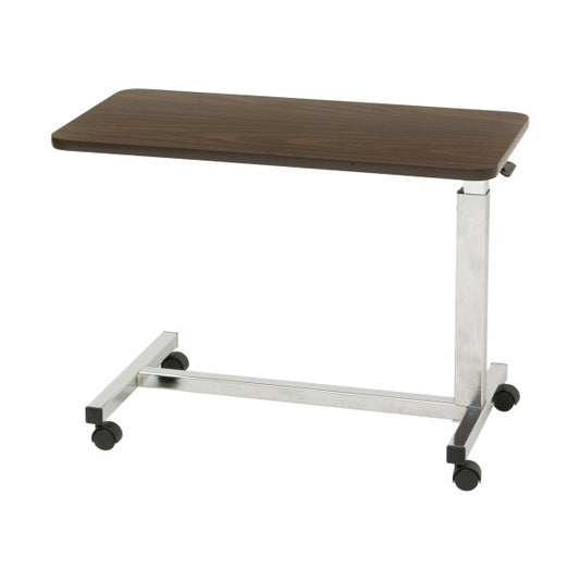 Overbed table with wooden top and metal frame on a white background