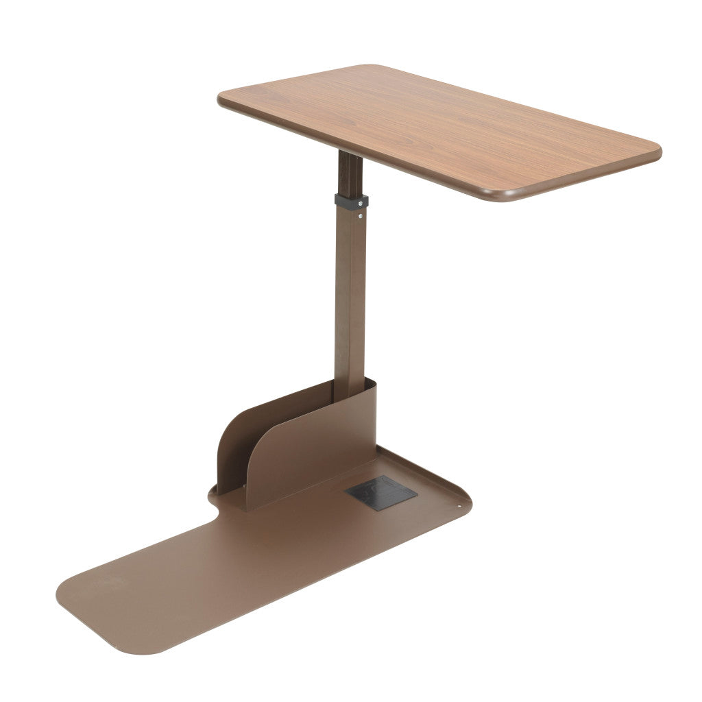 Adjustable standing desk with wooden top and metal base on a white background