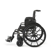 A black manual wheelchair shown from a side profile view against a solid white background.